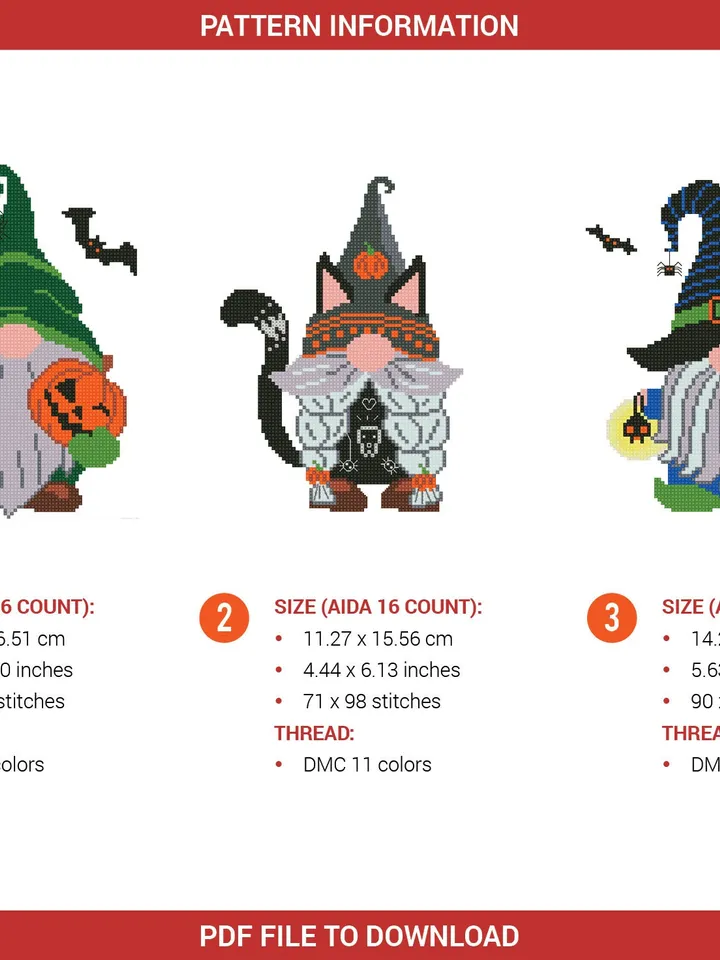 Gnome Halloween Bundle of 3 Cross stitch pattern | Embroidery Pattern | Instant Download | Embroidery Designs