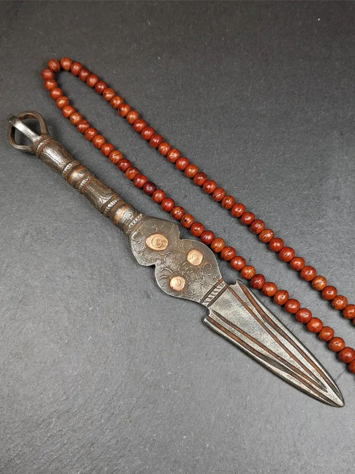 Gandhanra Tibetan Buddhism Ritual Implement Dorje Phurba(Kila Dagger),Dharma Ritual,Altar Tool,Made of Cold Iron inlaid Copper