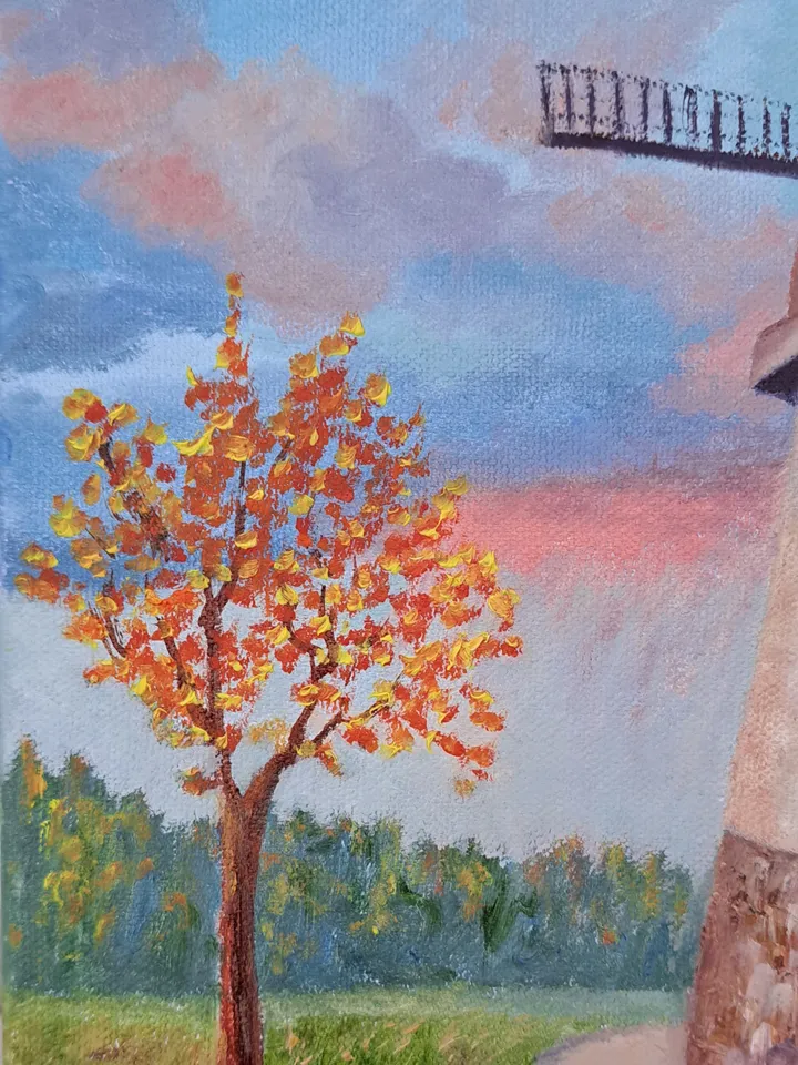 Painting rural landscape oil/canvas "Mill by the road"Painting to order.