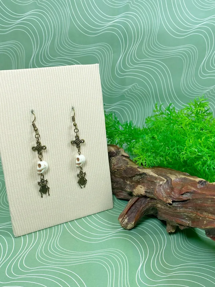 Earrings with skulls and beetles. Handmade bronze earrings.