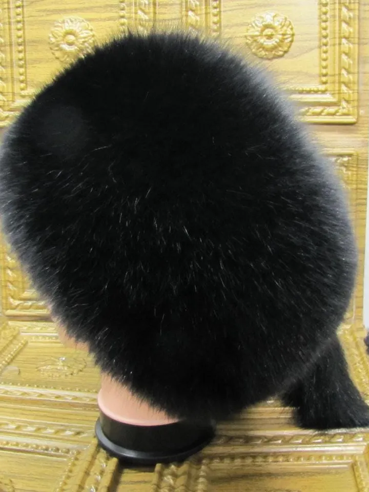 Women's hat made of fox fur. Black fur hat made of natural fur. Winter hat made of whole fur, warm, comfortable Barbara.