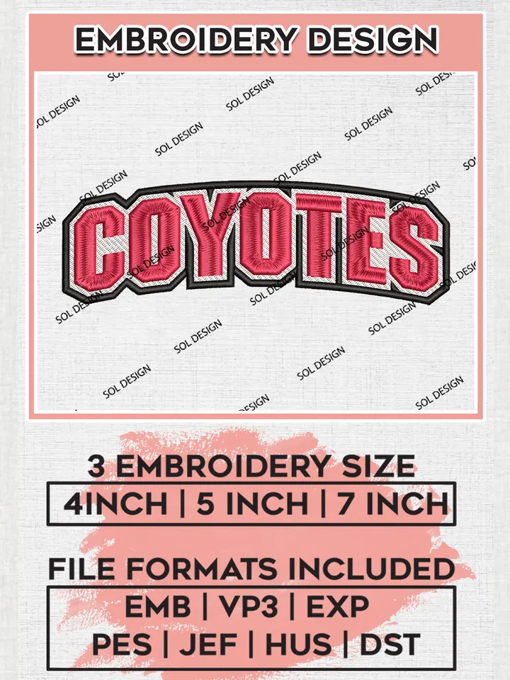 NCAA Coyotes Team Word Logo Embroidery Design Files, NCAA South Dakota Coyotes Machine Embroidery, NCAA Teams, Game Day, 3 sizes, NCAA Machine embroidery designs, Digital Download