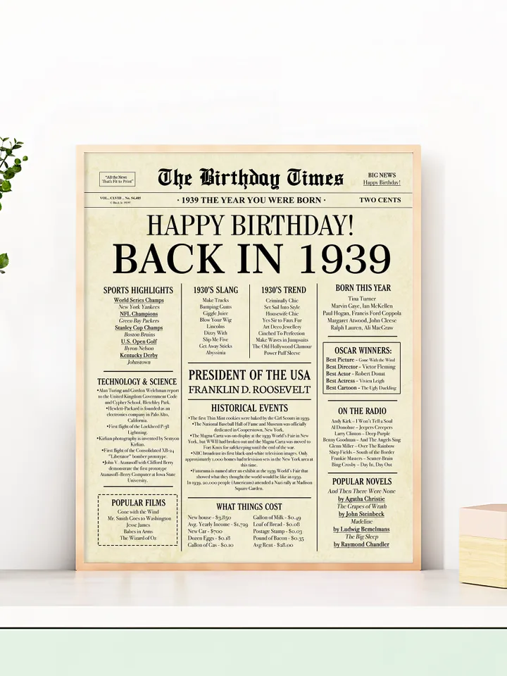 Back in 1939 Birthday Card - 85th Birthday Gift for Women or Men - 85th Birthday Decoration for Grandmother or Grandpa - Funny Table Centerpiece for 85 Years Old Birthday Party - Last Minute Gift