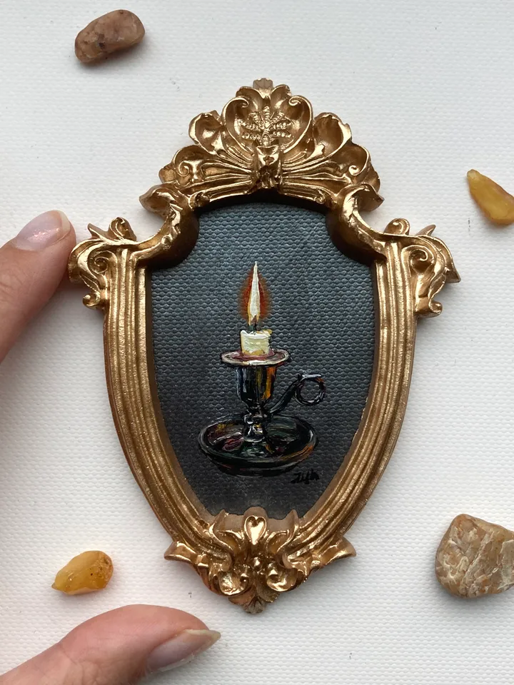 Candle Oil Painting Original In Vintage Style Frame Small Framed Still Life Art