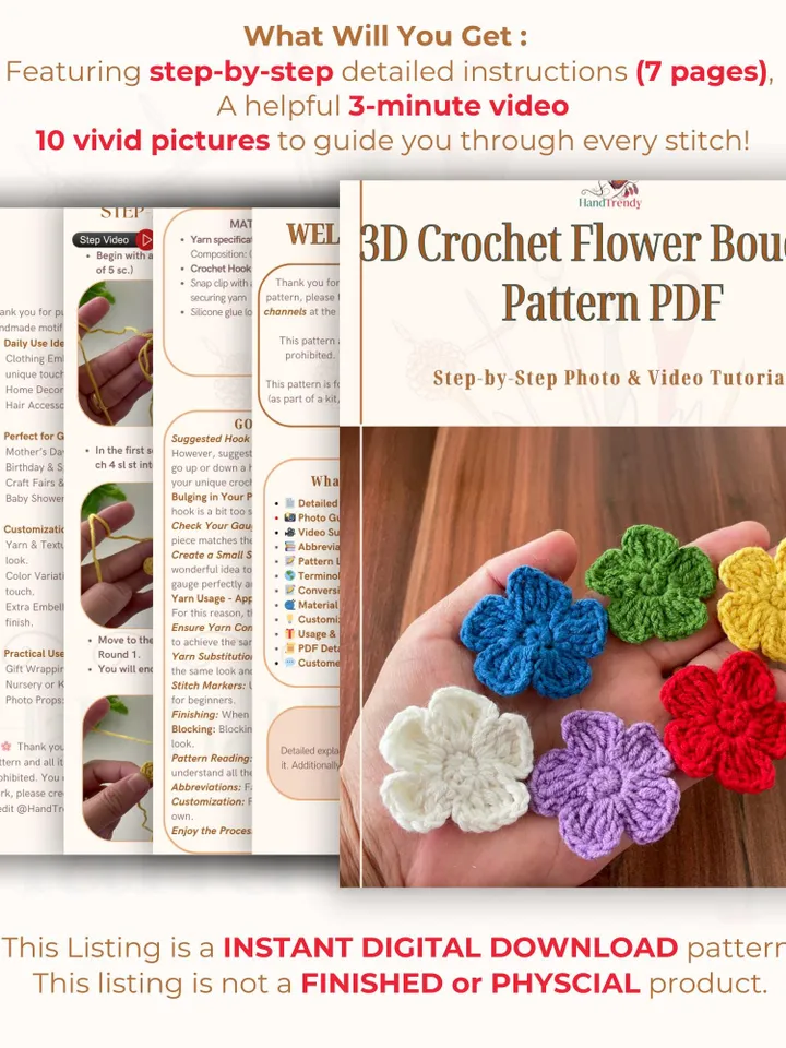 Crochet Small Flower Applique Pattern, Easy Floral Motif PDF, DIY Embellishment for Clothes, Handmade Decoration, Instant Download Crochet