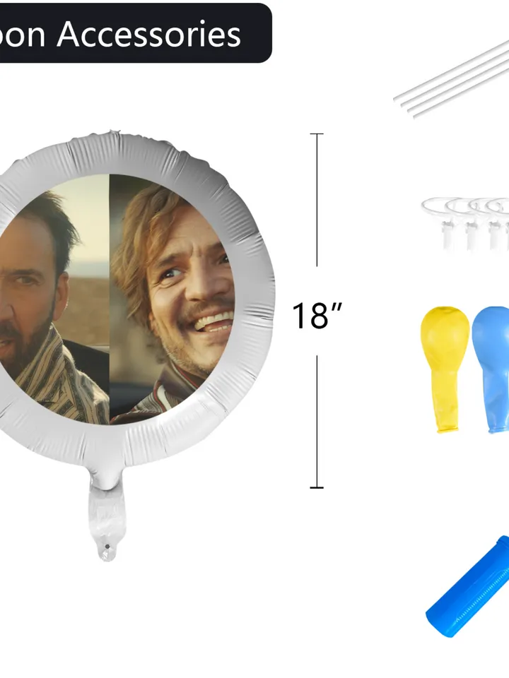 Nicolas Cage Looking at Pedro Pascal Foil Balloon