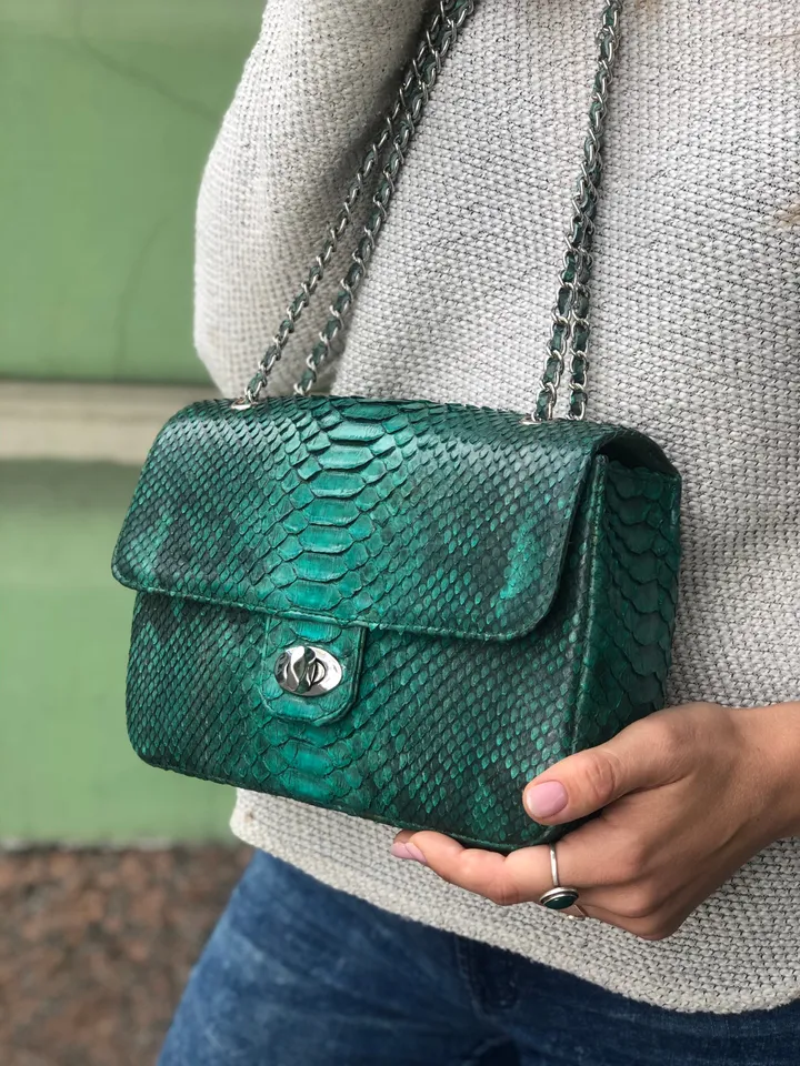 Genuine Python Skin Green Color Shiny Chain Bag | Shoulder Bag | Crossbody Bag | Green Leather Bag | Woman Classy Bag | Python Skin Bags