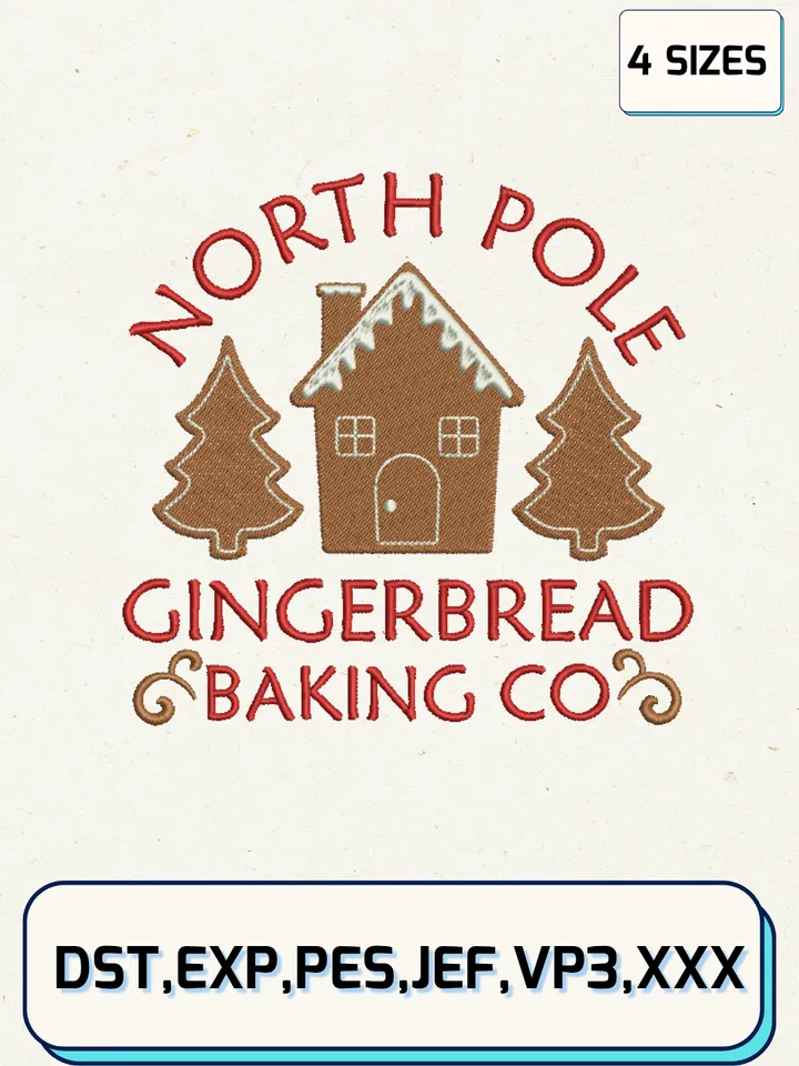 North Pole Gingerbread Baking Co Embroidery Design Files,Christmas Embroidery Designs,Machine Embroidery Files,4 Sizes
