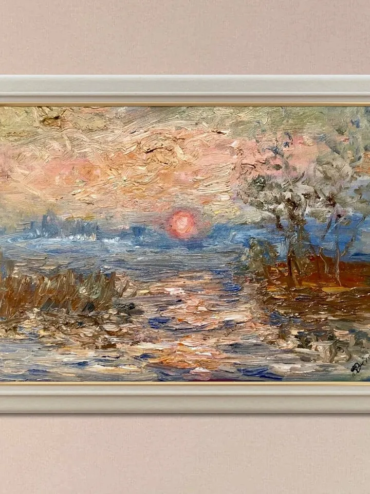 Sunset on the river,original oil painting on canvas board,landscape oil painting