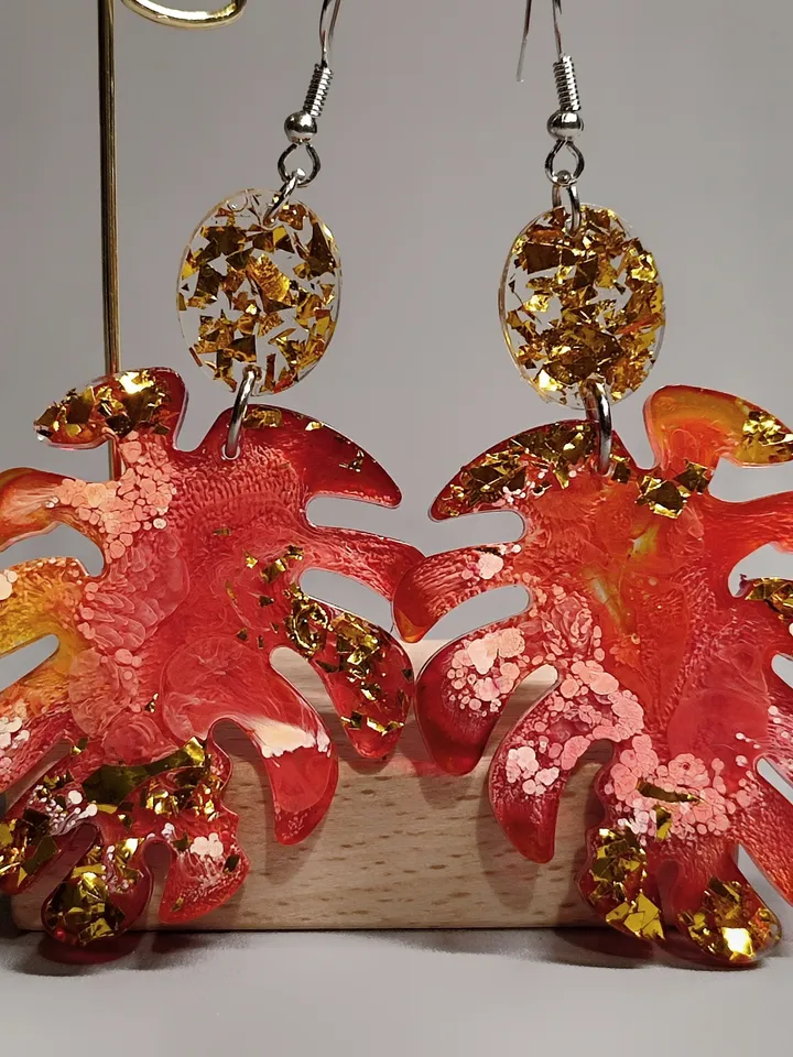 Monster leaf earrings, orange colored earrings, stylish earrings