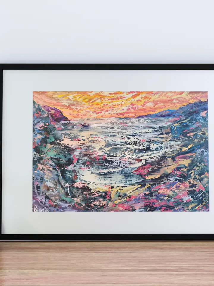 Mountains Sea Ship Bright Sunset Original Art Oil Painting Artist Svinar Oksana