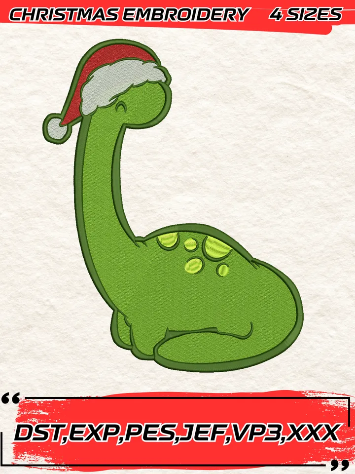 Cute Brontosaurus With Santa Hat Embroidery Design,Christmas Embroidery Design,4 Sizes, Digital Download