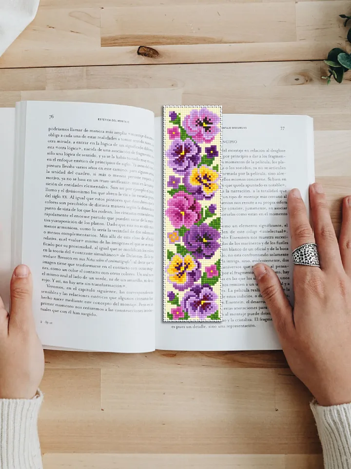 Flower bookmark cross stitch pattern PDF download Handmade bookmark digital PDF, Spring floral cross stitch chart Violet Pansy pattern #B207