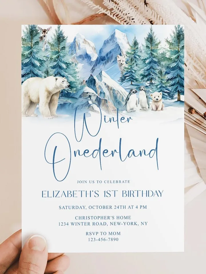 Winter Onederland 1st Birthday Invitation, Snow Woodland 1st Birthday Invite, Winter Onederland, Printable 1st Birthday Invitation - i131