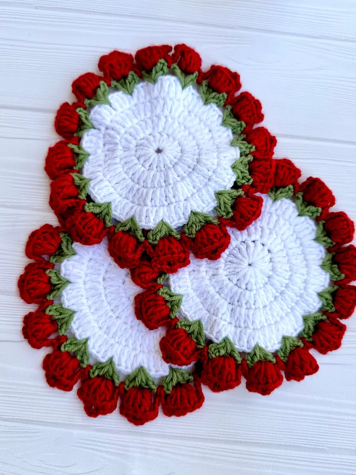 CROCHET ROSE Coaster pattern - Rose Flower Pot Coaster Set Crochet Pattern Flower Bouquet Plant Coasters Instant Digital Download PDF