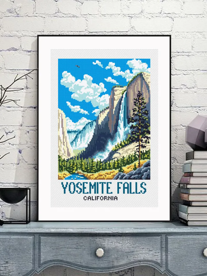 Yosemite falls national park cross stitch pattern PDF download Travel poster cross stitch chart, Mountain landscape pattern digital PDF #L96