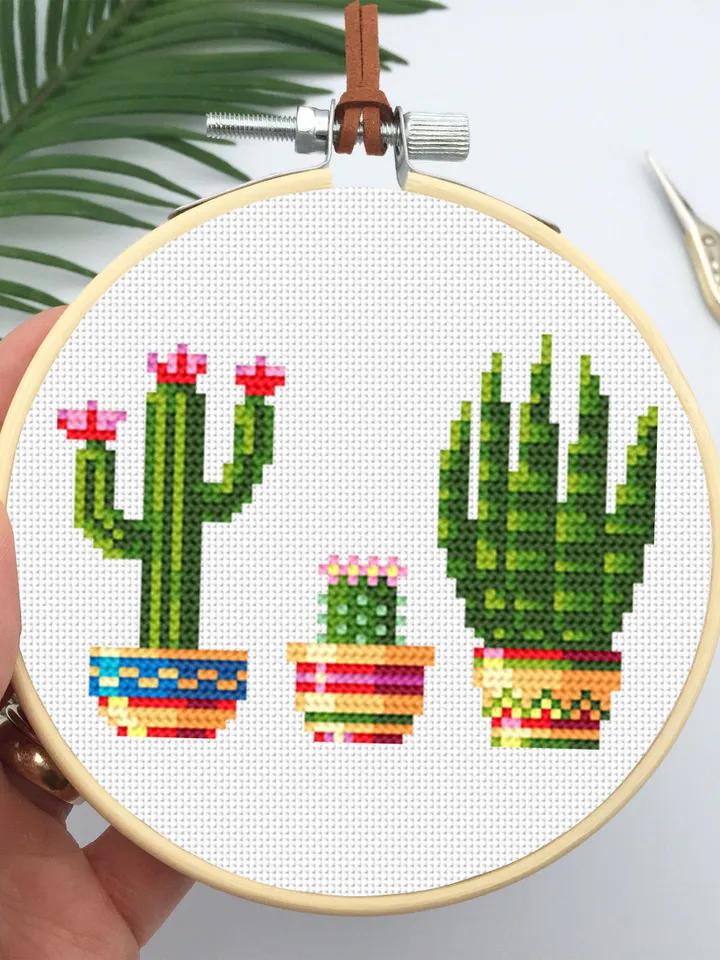 Potted plants cross stitch pattern download PDF, Small floral cross stitch chart, Garden beginner stitch, House plants embroidery PDF #P14