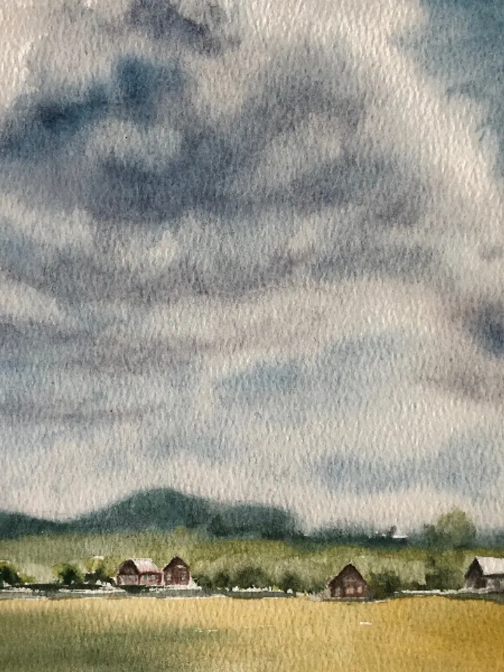 Clouds over the village landscape original watercolour painting wall art hand painted