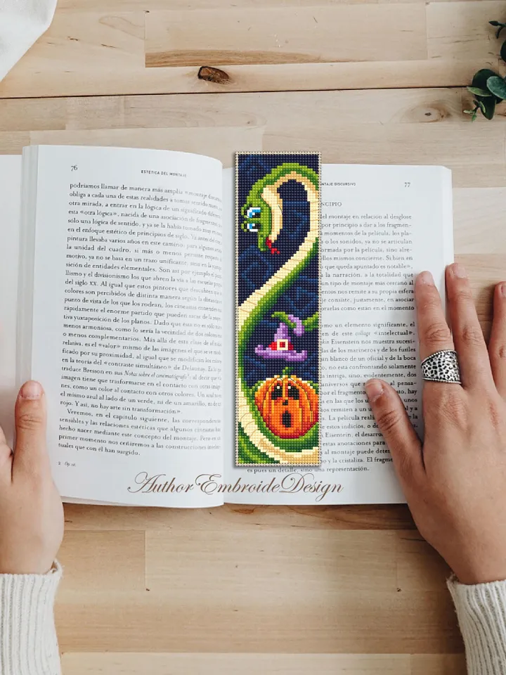 Halloween bookmark cross stitch pattern PDF download Snake cross stitch chart, Bookmark pattern digital PDF, Halloween pumpkin stitch #B360
