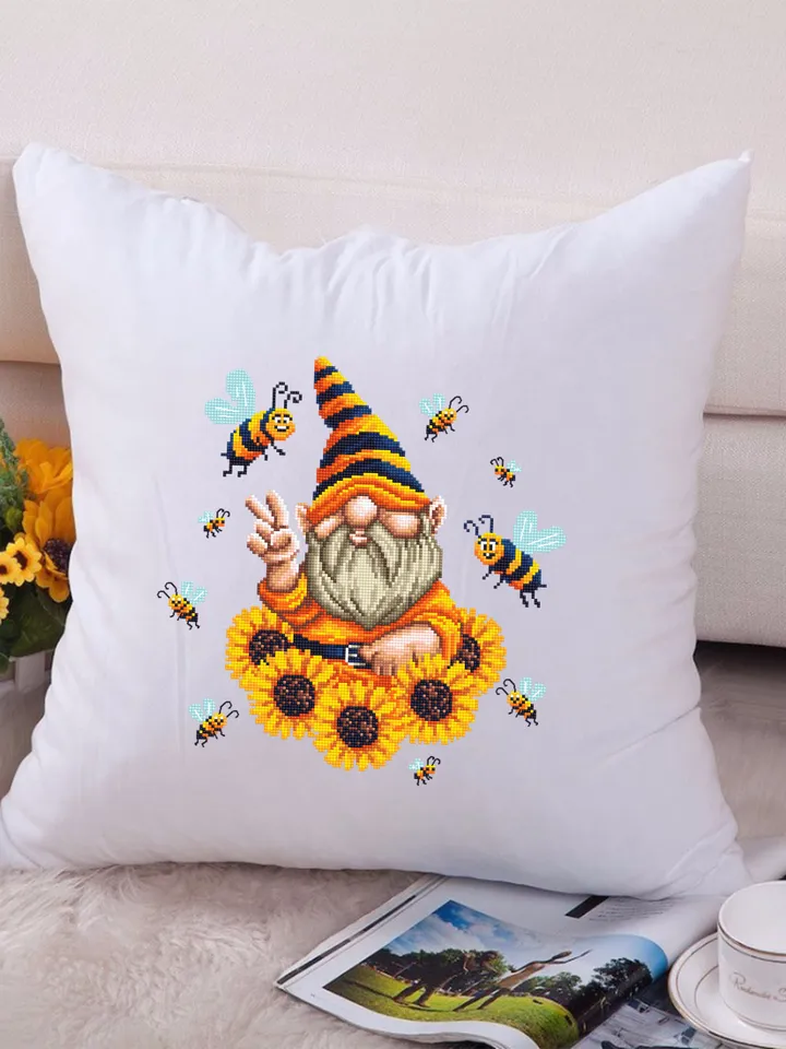 Sunflower gnome cross stitch pattern download PDF, Cute gnome pattern digital PDF, Bee gnome embroidery, Yellow sunflowers cross stitch #P34