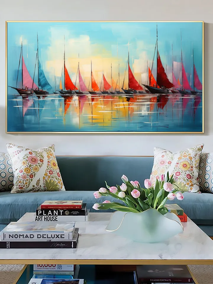 Original Sailboats Painting on Canvas, Large Wall Art, Abstract Colorful Painting, Ocean Art, Living room Wall Decor, Custom Painting