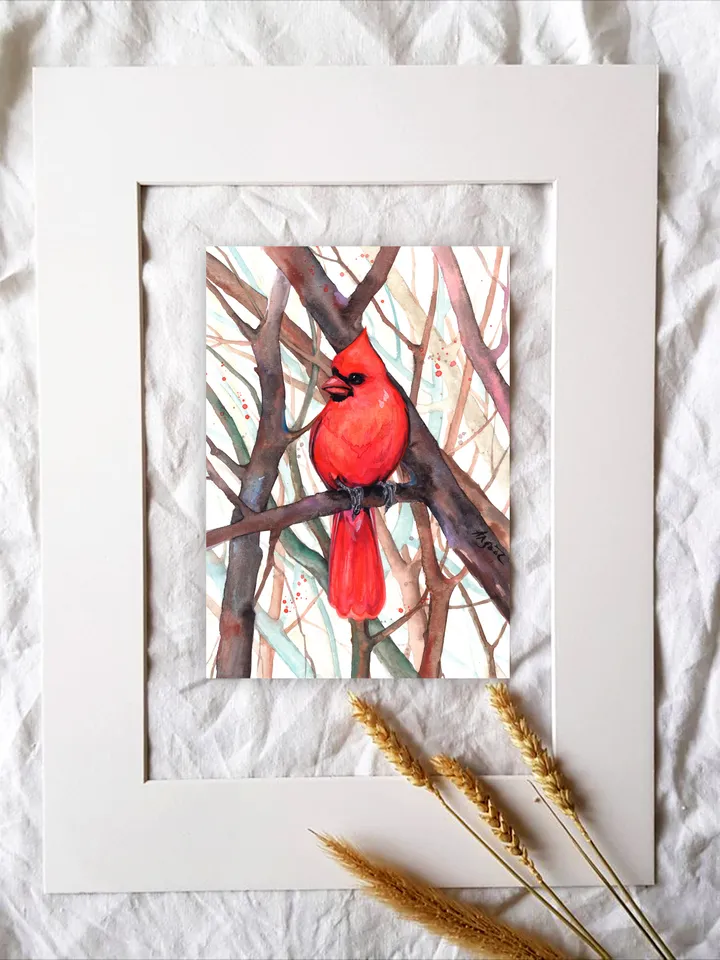 Red cardinal Bird Watercolor, bird painting, wall decor, birds lover gift, 8x11 in handmade art by Anne Gorywine