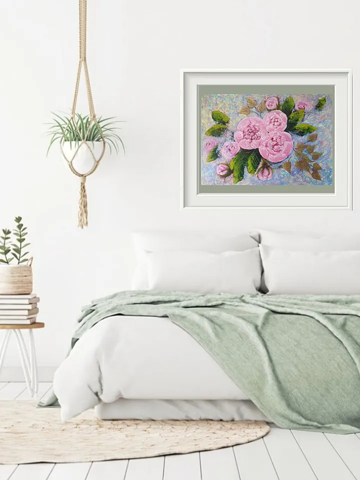 Pink Peony Painting Flower Original Art Floral Bouquet Wall Art Acrylic Painting