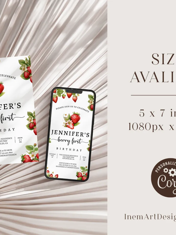 Editable Strawberry First Birthday Invitation Template Girl 1st Birthday Party Invite Berry First Birthday Cute Sweet Printable BF001