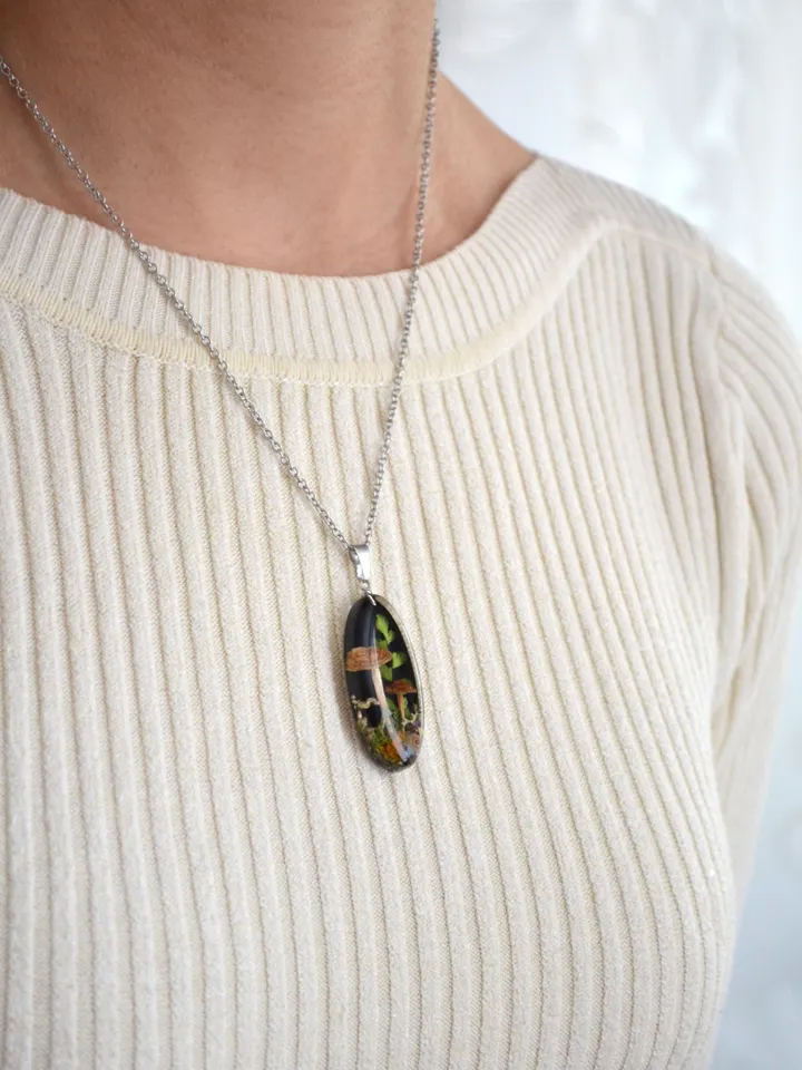 Real mushroom necklace. Pendant with a forest composition. Necklace with dried mushrooms in resin.