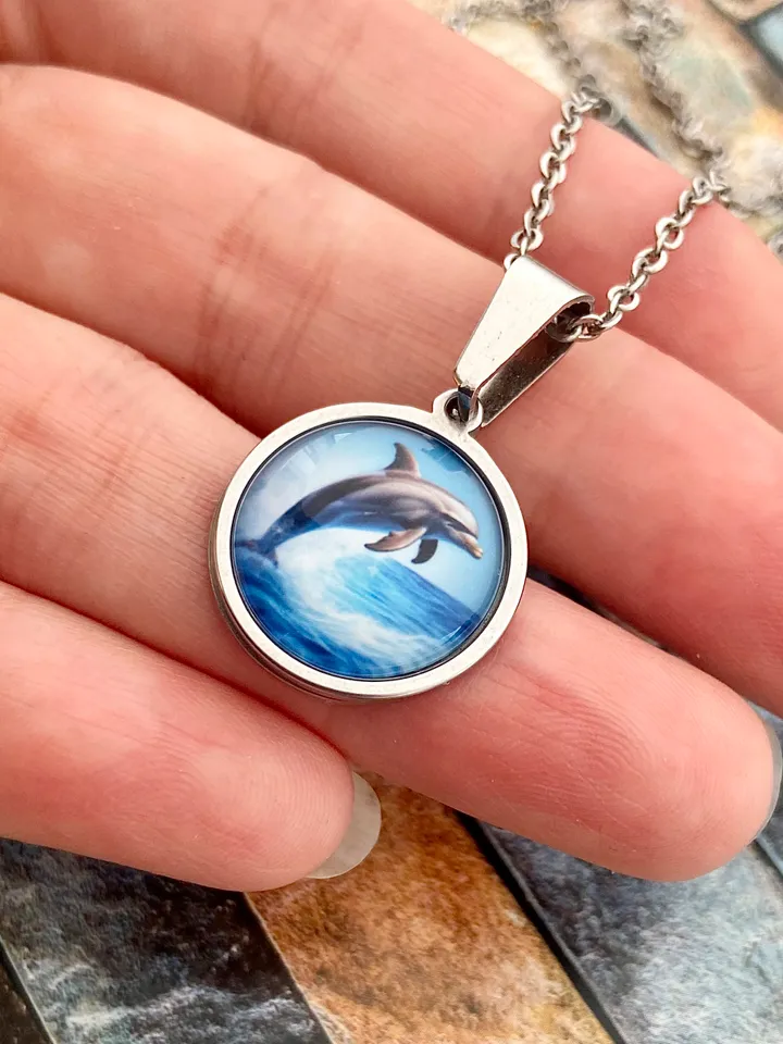 Dolphin necklace, steel pendant with glass, Dolphin lover gift