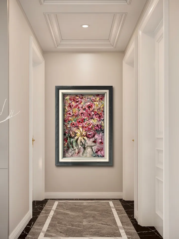 Pink wisdom-fantasy woman in flowers,womanoriginal oil painting,impasto painting,unique canvas art,original artwork,fantasy woman in roses.
