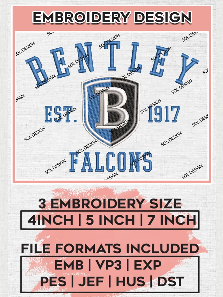 NCAA Bentley Falcons Team Est 1917 Logo Embroidery Design Files, NCAA Bentley Falcons Machine Embroidery, NCAA Teams, 3 sizes, NCAA Machine embroidery designs, Digital Download
