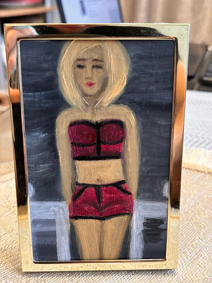 Oil Painting Portrait of a Woman in a Crimson suit Figurative Miniature Cardboard 6x4 inches 15 cm x10 cm In a gold frame Feminist Art Modern Art Impressionism Wall Decor