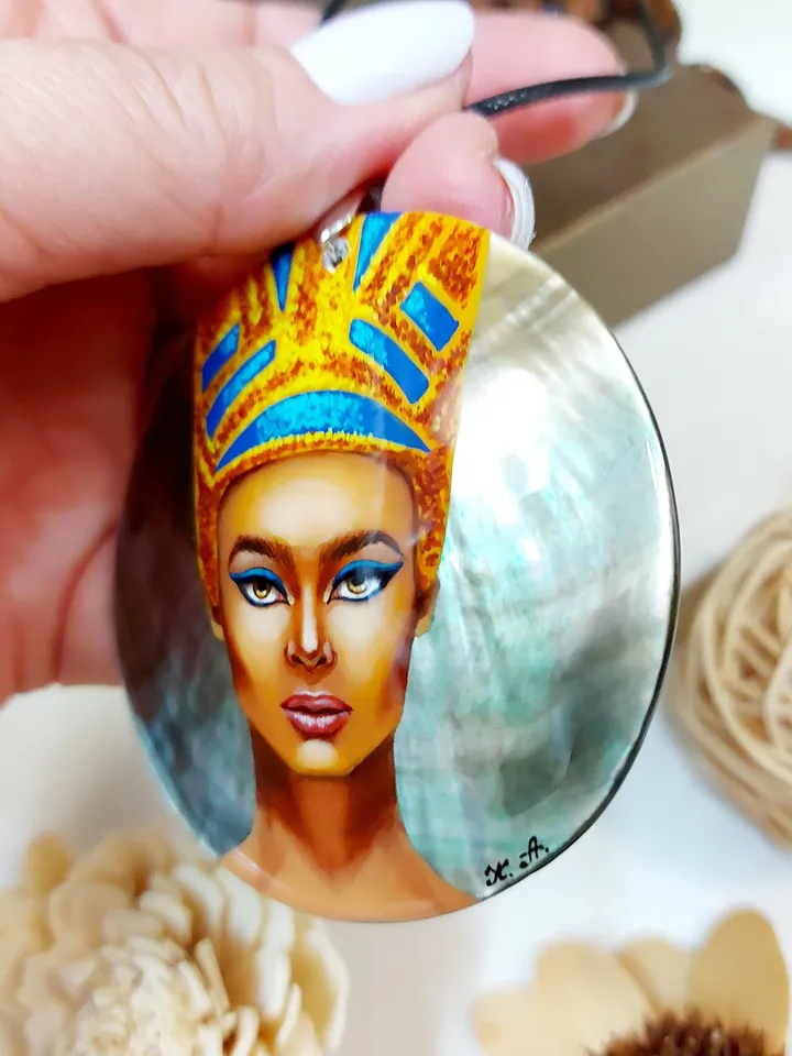 Pearl pendant necklace: Queen Nefertiti on handmade necklace, charming shell pendant painted in Fedoskino style, jewelry for evening dress