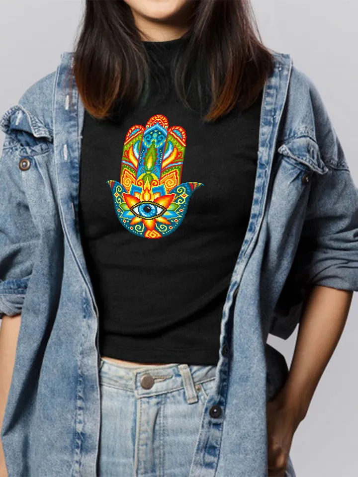 Hamsa hand cross stitch pattern download PDF, Mandala pattern PDF, Colorful Hand of Fatima cross stitch, Evil eye hamsa beginner stitch #M76
