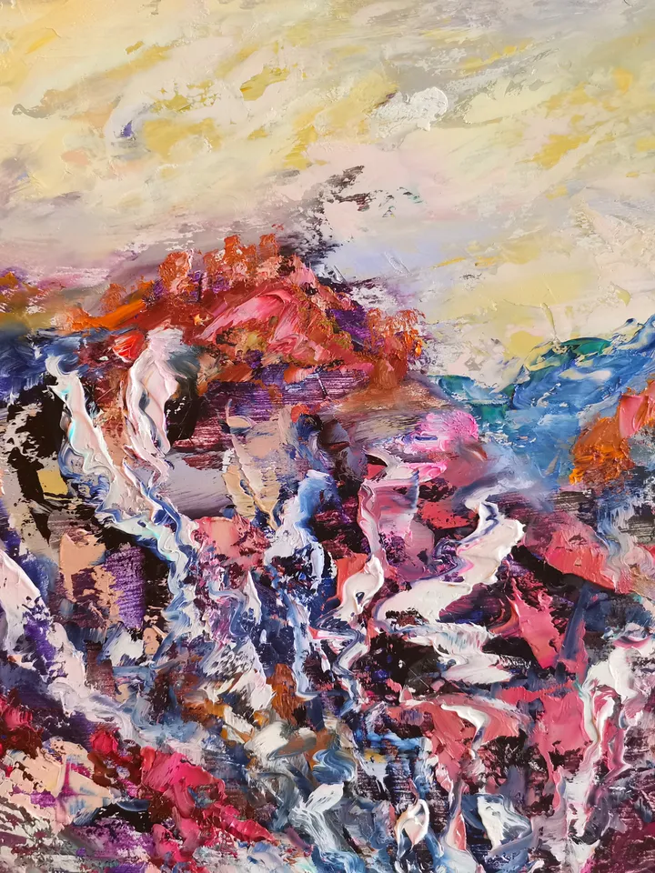 Waterfalls Sunset Trees Mountain Original Art Oil Painting Artist Svinar Oksana