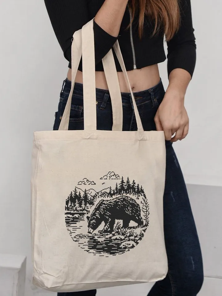 Grizzly bear cross stitch pattern PDF download Bear silhouette cross stitch chart, Monochrome nature pattern digital, Forest landscape #L79