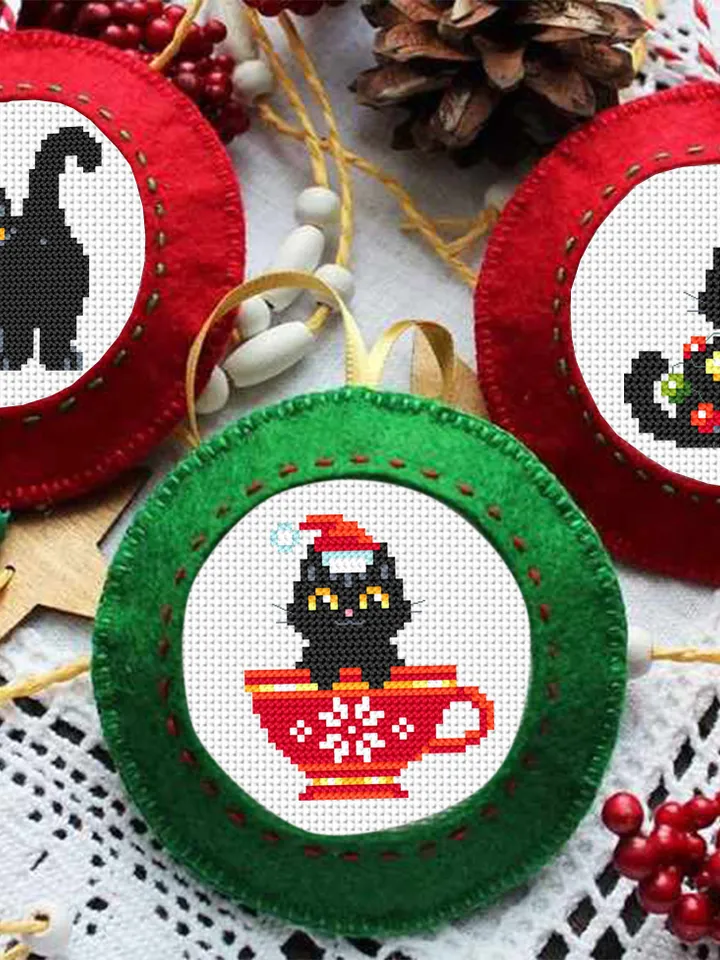 Set Christmas cats cross stitch pattern download PDF, Cute black cat embroidery PDF, Christmas cross stitch chart, Funny home cat decor #N77