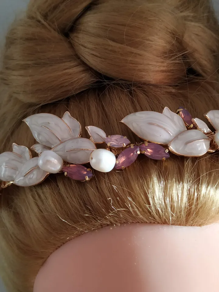 Freshwater pearl Purple Opal Wedding Headband and Earrings Jewelry Set, Grecian Style Laurel Bridal Tiara, Gold Wedding Crown, Boho Jewelry