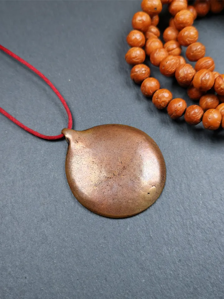 Gandhanra Vintage Tibetan Buddhist Amulet,Om Badge Pendant, Mantra of Om Mani Padme Hum, Made of Red Copper,1.46"