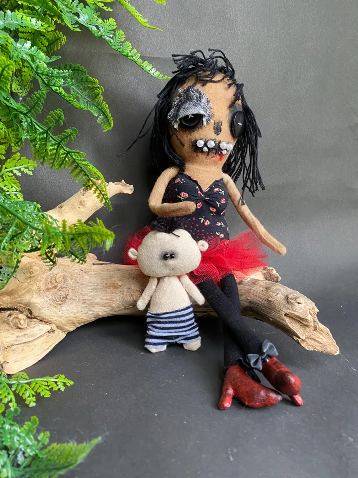 zombie family mother and son. handmade cloth dolls