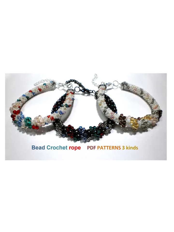 Slim Bead Crochet rope patterns, "Bows" necklace and bracelet, Slip Stitch, 3 Patterns, Instant Download, PDF fail
