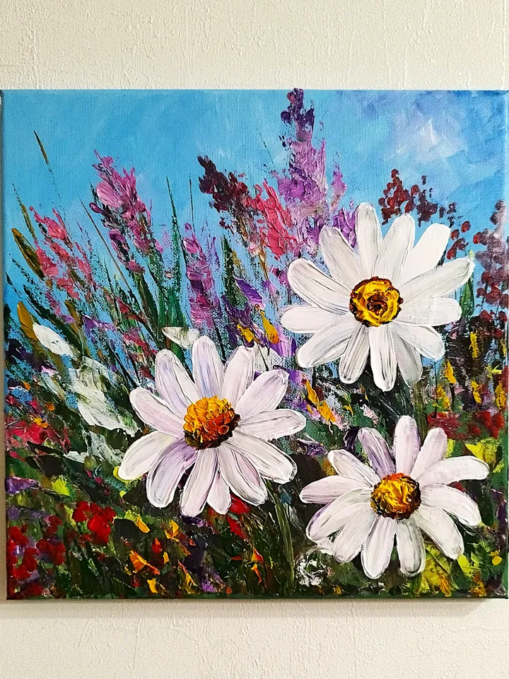 Daisies Painting Wildflowers Acrylic Art Wall Decor| Textured Acrylic Painting