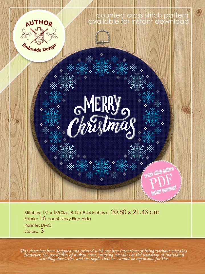 Merry Christmas cross stitch pattern download PDF Snowflake wreath cross stitch Christmas pattern digital PDF Snowflake embroidery #N40