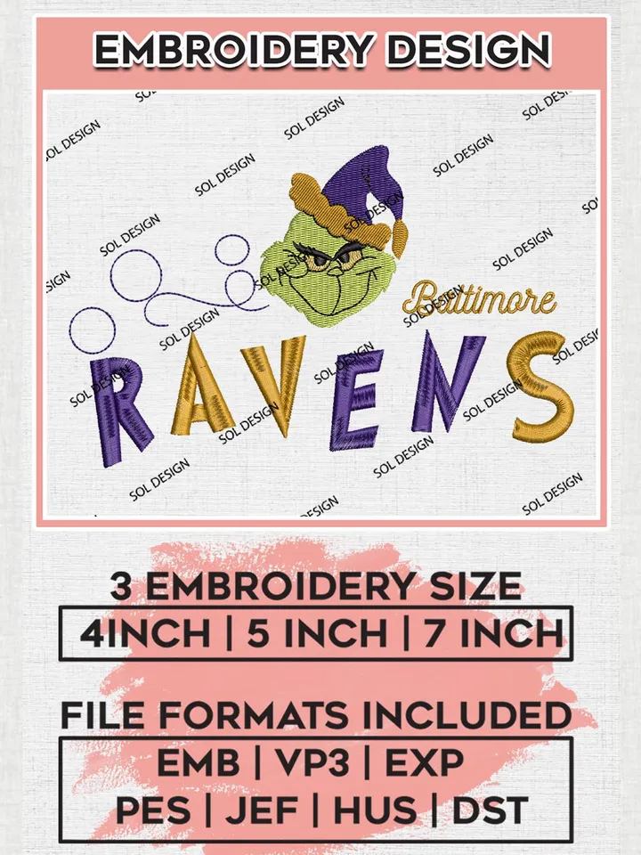 Christmas Grinch Baltimore Ravens Embroidery Designs, Grinch Embroidery Files, NFL Ravens Machine Embroidery Designs, NFL Baltimore Ravens Logo, NFL Christmas Machine Embroidery Design, Digital Download