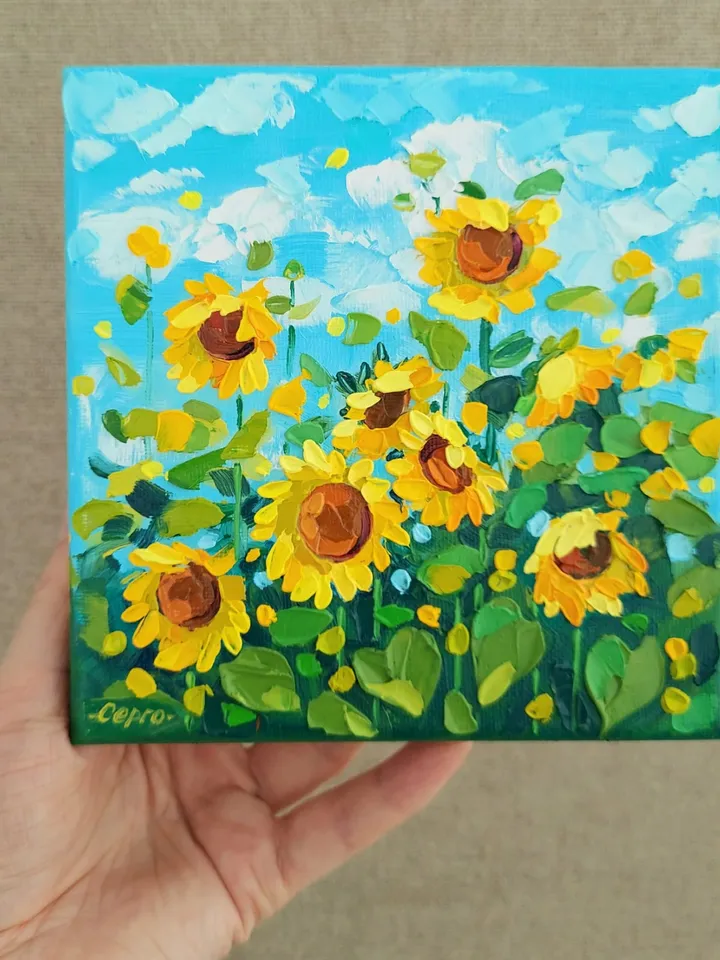 Sunflowers In The Field. Original Art. 6x6 inches.