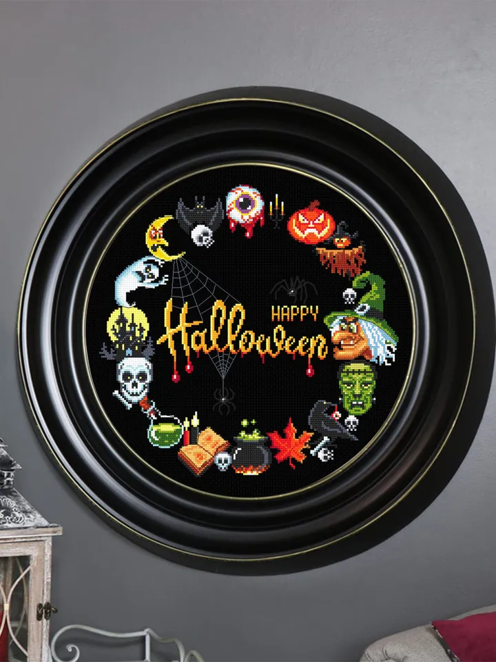 Halloween wreath cross stitch pattern download PDF, Spooky Halloween cross stitch chart, Halloween pattern digital PDF, Beginner stitch #H45