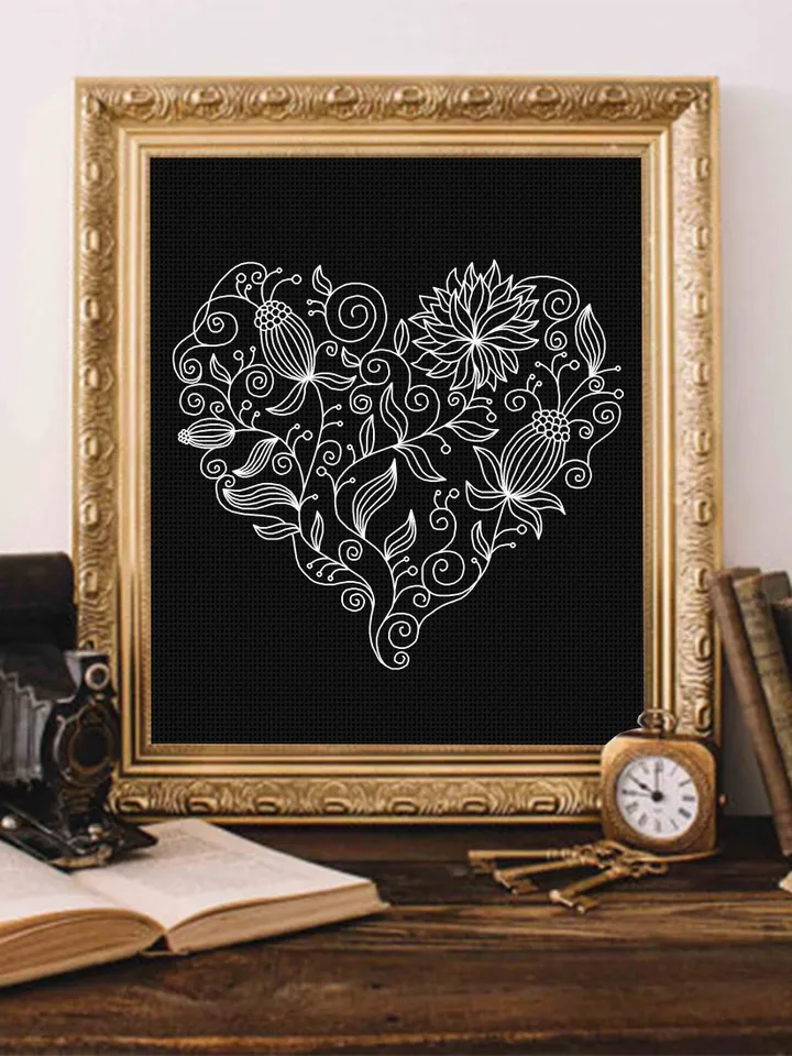 Floral heart blackwork pattern PDF download Flower heart embroidery, Backstitch chart Heart ornament, Floral curls Blackwork embroidery #W35