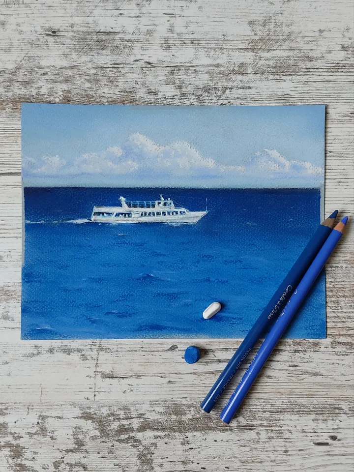 Boat at Sea. Original soft pastel drawing.