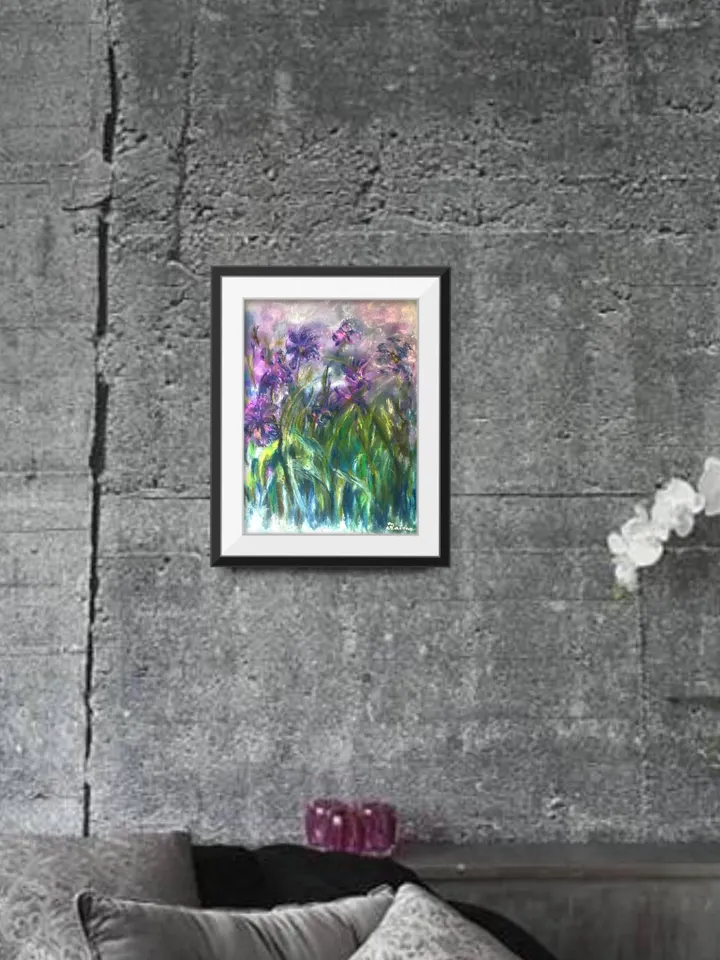 Irises painting,Iris flowers wall art pastel on canvas board impresionist style.